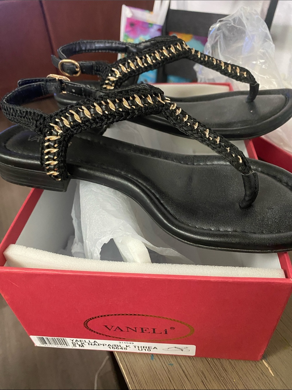 Vaneli Black Sandals with Gold Braided Accent